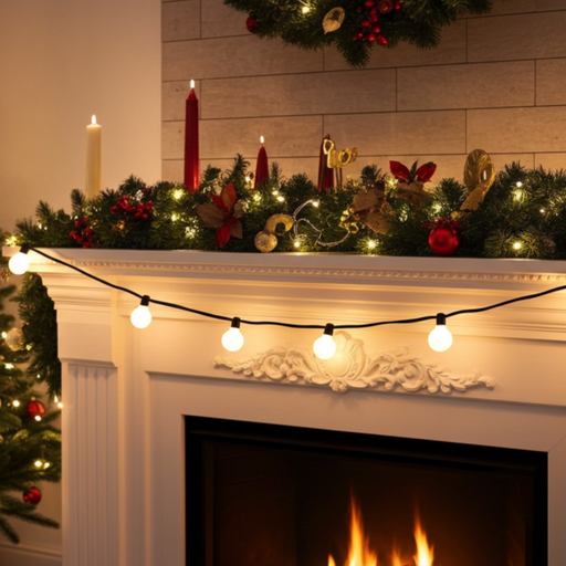 Decorated Christmas tree and fireplace with garland and lights.