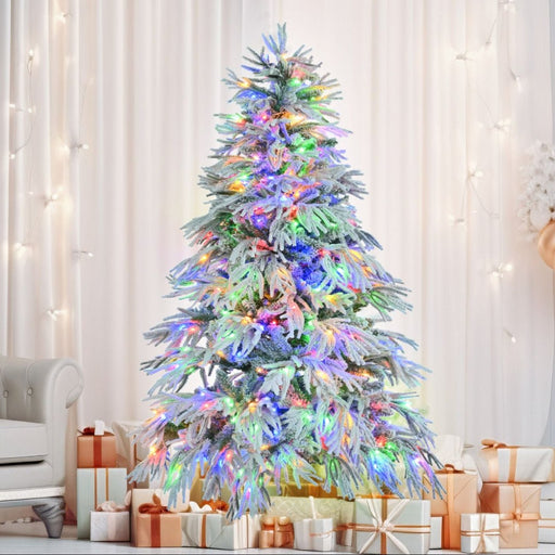 6FT Pre - Lit Flocked Artificial Christmas Tree — 300 Multi - Color LED, 8 Modes, 790 Tips, Hinged - Monsta Online