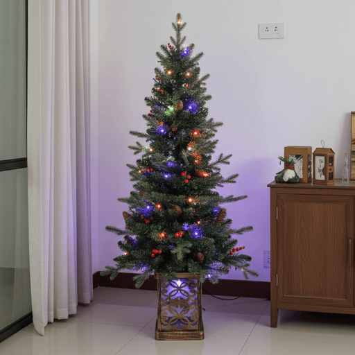 4FT Pre - Lit Artificial Christmas Tree — 100 Multi - Color LED, Glitter Light - Up Base, Berries & Pine Cones - Monsta Online