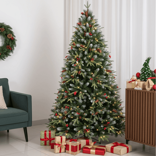 5FT Pre - Lit Artificial Christmas Tree — 250 Warm LED, Snow - Tipped, Berries & Pine Cones, Hinged, Metal Stand - Monsta Online