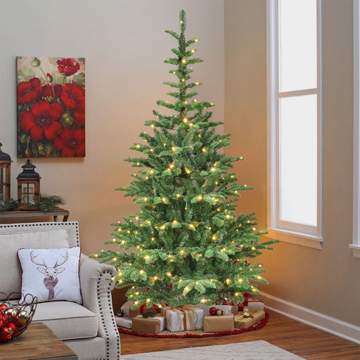7FT Pre - Lit Artificial Christmas Tree — 400 Warm LED, Wooden Base, 941 Tips, PE+PVC, Rustic Style - Monsta Online