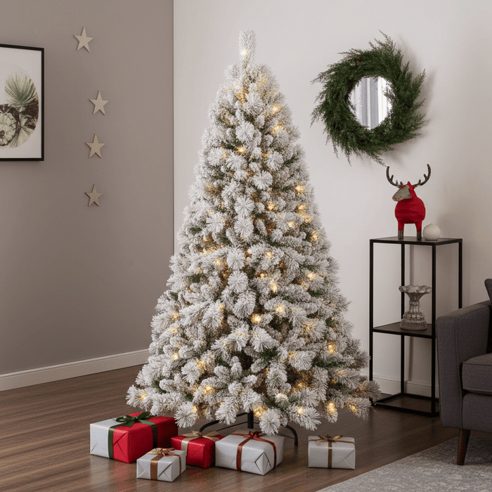 7FT Pre - Lit Flocked Artificial Christmas Tree — 360 Warm LED, Memory Wire, 890 Tips, Hinged, Metal Stand - Monsta Online