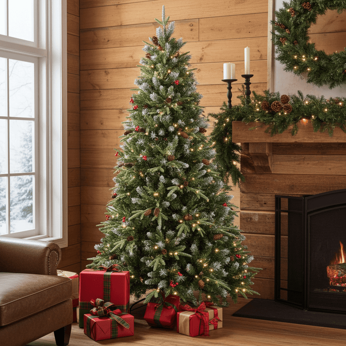 5FT Pre - Lit Artificial Christmas Tree — 250 Warm LED, Snow - Tipped, Berries & Pine Cones, Hinged, Metal Stand - Monsta Online