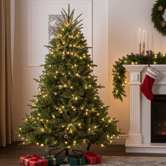 7.5FT Pre - Lit Full Artificial Christmas Tree — 850 UL Lights, 2441 Tips, Wide Base, Hinged, Metal Stand - Monsta Online