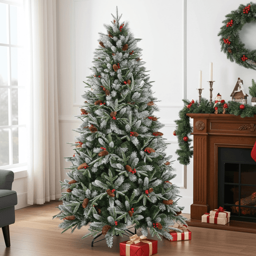 5FT Artificial Christmas Tree — Snow - Tipped, 1131 Tips, Berries & Pine Cones, Hinged, Metal Stand - Monsta Online