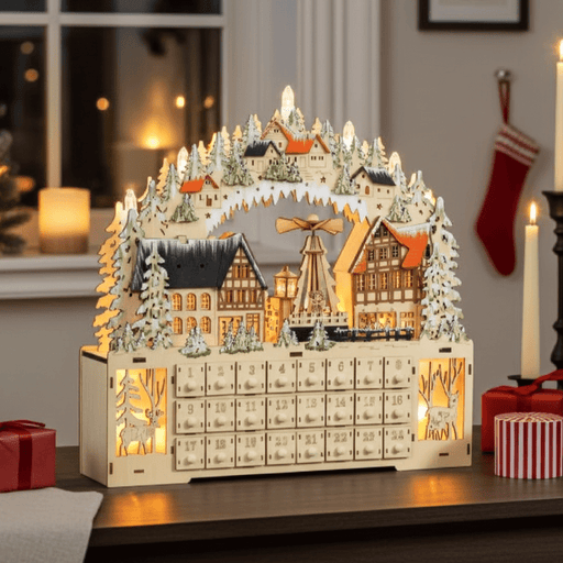 Large Wooden Christmas Advent Calendar with LED Lights and 24 Countdown Drawers - Monsta Online