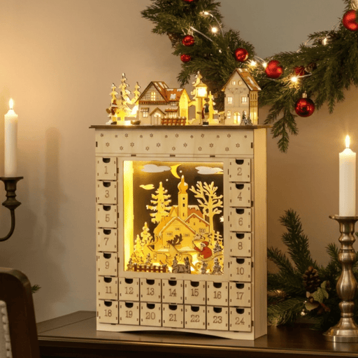 Light Up Christmas Wooden Advent Calendar Holiday Village Scene with 24 Drawers - Monsta Online