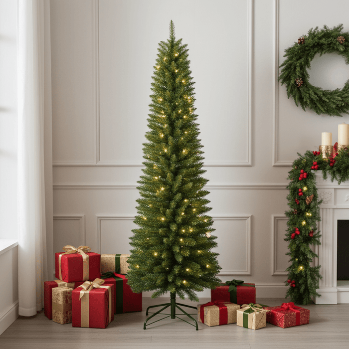 7FT Pre - Lit Pencil Artificial Christmas Tree — 200 Warm White LED, Slim, 469 Tips, Metal Stand - Monsta Online