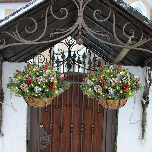 19" Prelit Christmas Hanging Basket with Timer & LED Lights - Outdoor Front Porch Decoration - Monsta Online