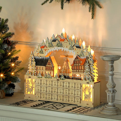 Large Wooden Christmas Advent Calendar with LED Lights and 24 Countdown Drawers - Monsta Online