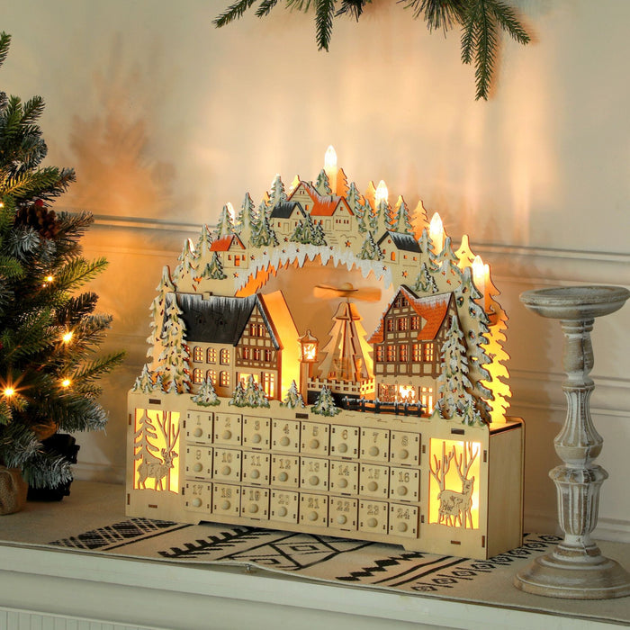 Large Wooden Christmas Advent Calendar with LED Lights and 24 Countdown Drawers - Monsta Online