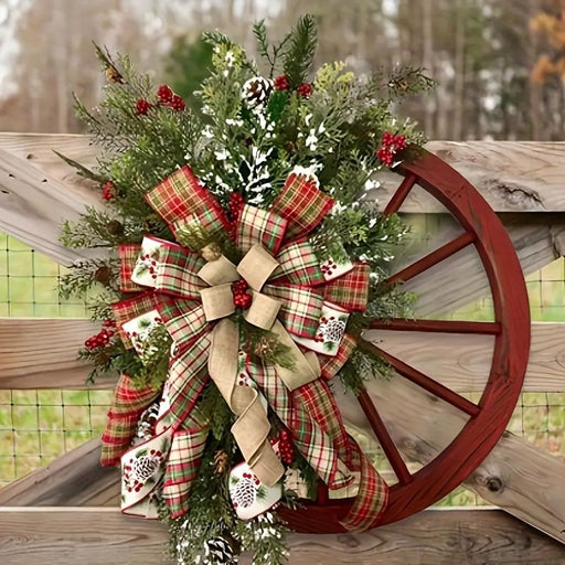 16" Rustic Red Wagon Wheel Christmas Wreath with Plaid Bow & Berries - Front Door Decoration - Monsta Online