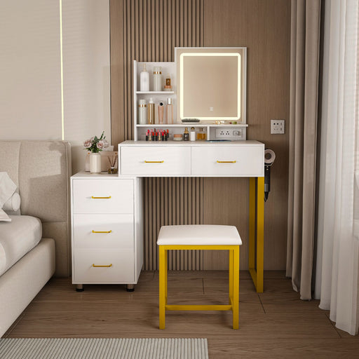 White Makeup Vanity with LED Lights 5 Drawers Power Outlet and Chair - Monsta Online