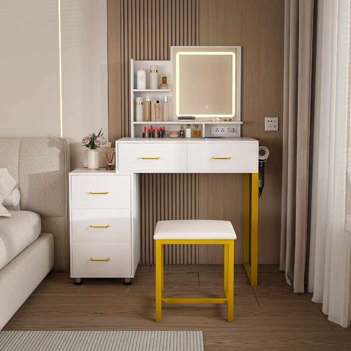 White Makeup Vanity with LED Lights 5 Drawers Power Outlet and Chair - Monsta Online