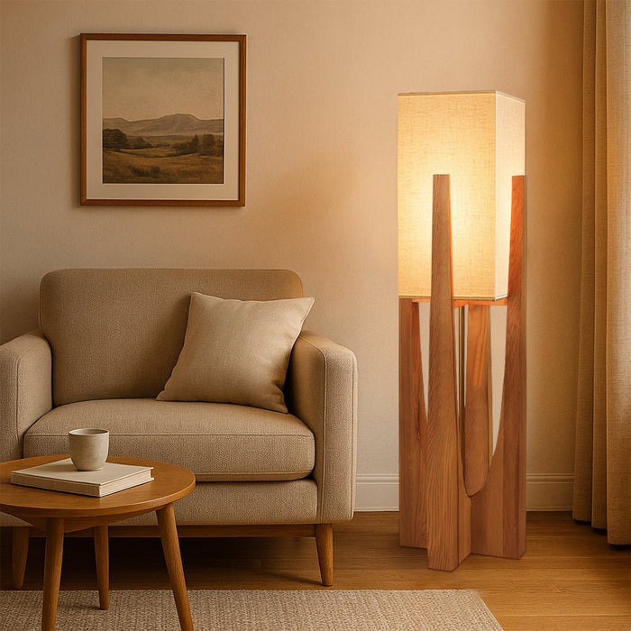Japanese Wabi Sabi Floor Lamp – Fabric Shade & Wooden Base for Bedroom & Living Room - Monsta Online
