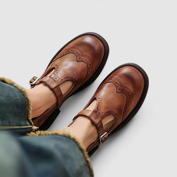 Emiliana T - Strap Leather Shoes – Women's Classic Buckle T - Strap Shoes - Monsta Online