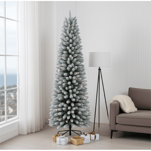 6FT Pre - Lit Flocked Pencil Artificial Christmas Tree — 150 Warm LED, Slim, 358 Tips, Metal Stand - Monsta Online