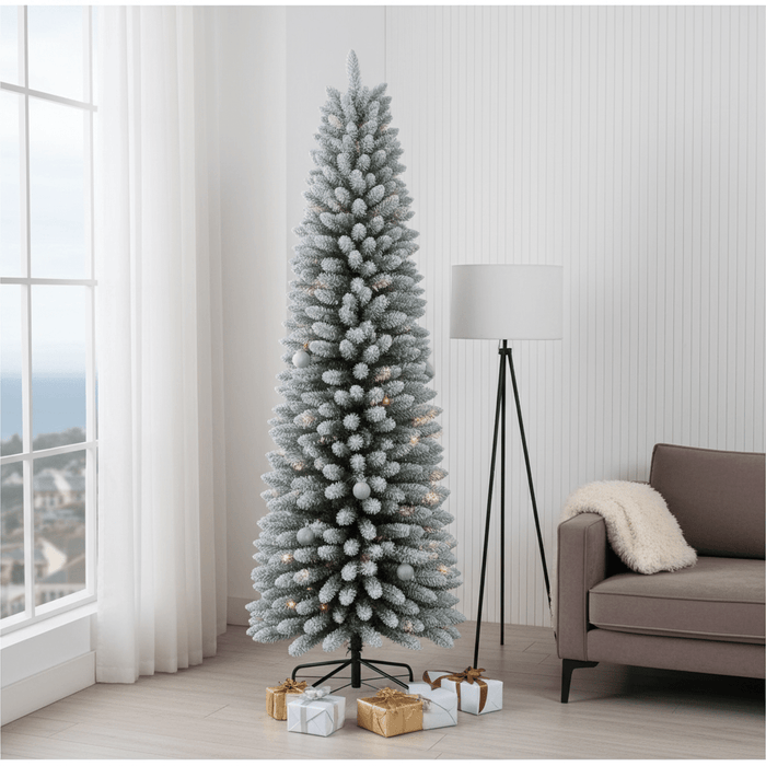 6FT Pre - Lit Flocked Pencil Artificial Christmas Tree — 150 Warm LED, Slim, 358 Tips, Metal Stand - Monsta Online