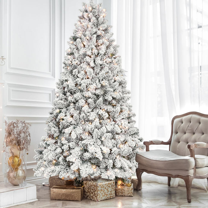 7.5FT Pre - Lit Flocked Artificial Christmas Tree White — 550 Warm LED, 49 Pine Cones, Hinged, Metal Stand - Monsta Online