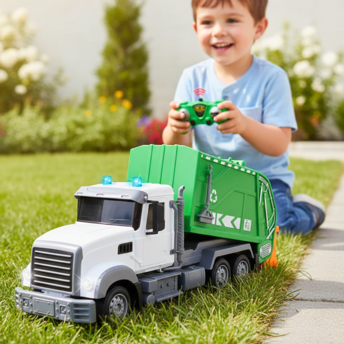 1/24 RC Garbage Truck Toy with Lights & Dual Batteries - 6CH Recycling Trash Truck for Kids 3+ - Monsta Online