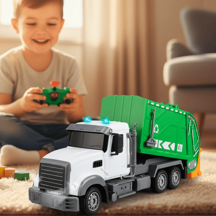 1/24 RC Garbage Truck Toy with Lights & Dual Batteries - 6CH Recycling Trash Truck for Kids 3+ - Monsta Online