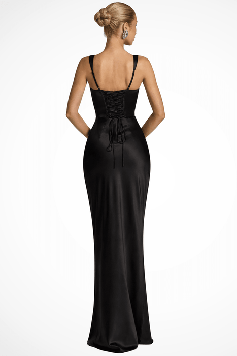 Vivienne Ruched Satin Maxi Dress Set – Women's Square Neck Wedding Guest Dress - Monsta Online