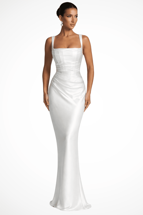 Vivienne Ruched Satin Maxi Dress Set – Women's Square Neck Wedding Guest Dress - Monsta Online