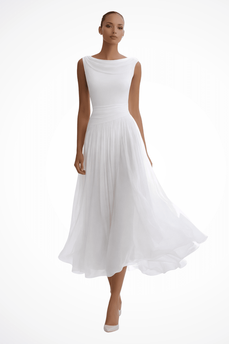 Vivienne Draped Pleated Midi Dress – Women's Sleeveless Fitted Wedding Guest Dress - Monsta Online