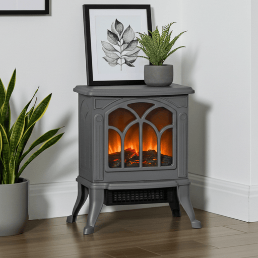 17 Inch Gray Electric Fireplace Stove Heater with Realistic Flame and Logs - Monsta Online