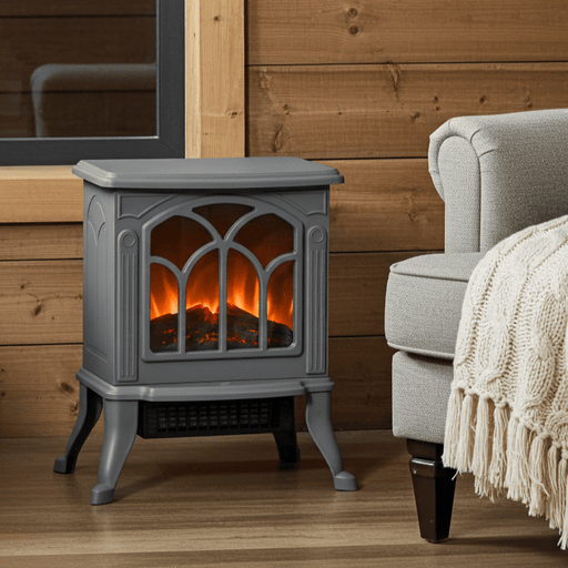 17 Inch Gray Electric Fireplace Stove Heater with Realistic Flame and Logs - Monsta Online