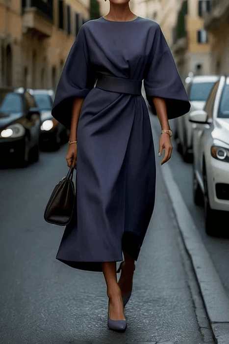 Jastin Lantern Sleeve Dress – Women's Elegant Belted Midi Dress - Monsta Online