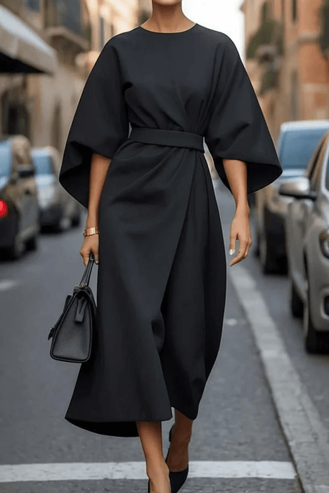Jastin Lantern Sleeve Dress – Women's Elegant Belted Midi Dress - Monsta Online