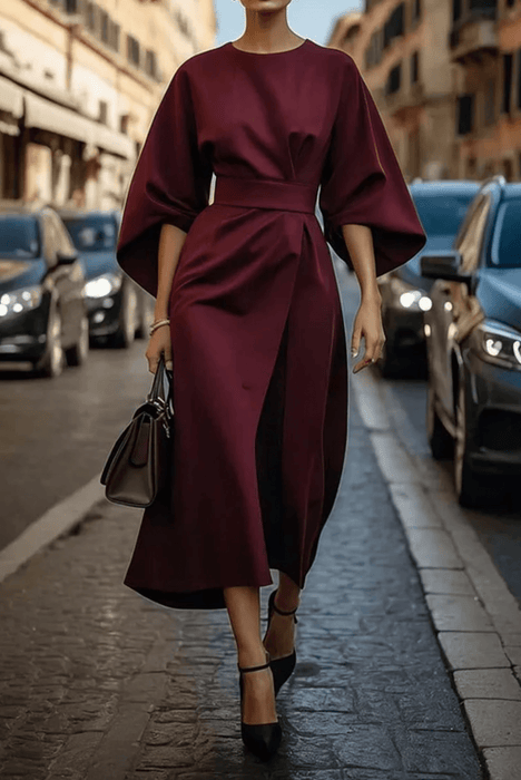 Jastin Lantern Sleeve Dress – Women's Elegant Belted Midi Dress - Monsta Online