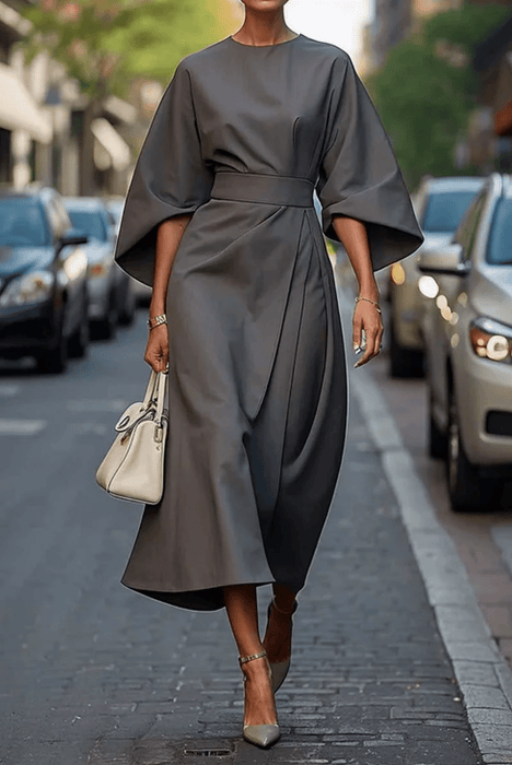 Jastin Lantern Sleeve Dress – Women's Elegant Belted Midi Dress - Monsta Online