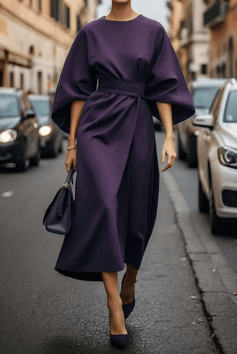 Jastin Lantern Sleeve Dress – Women's Elegant Belted Midi Dress - Monsta Online
