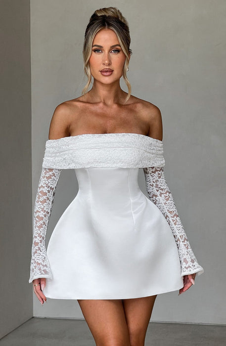 Mango Off - Shoulder Lace Dress – Women's Short Lace Sleeve Flared Mini Dress - Monsta Online