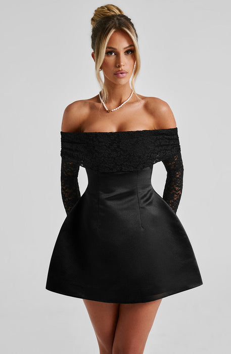 Mango Off - Shoulder Lace Dress – Women's Short Lace Sleeve Flared Mini Dress - Monsta Online