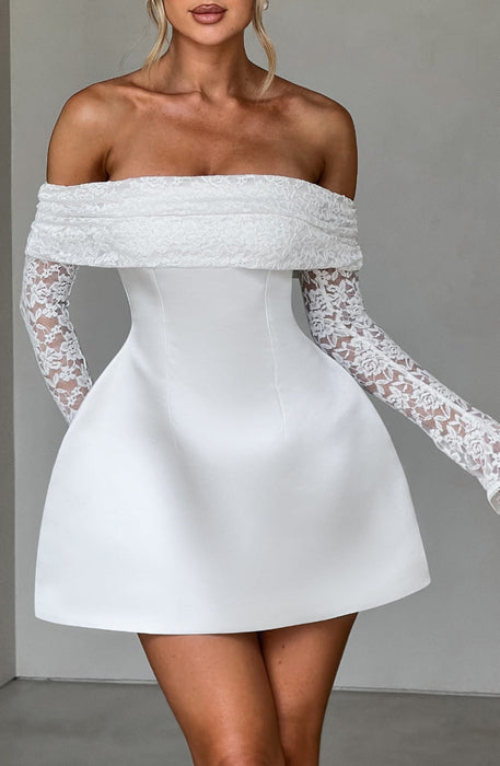 Mango Off - Shoulder Lace Dress – Women's Short Lace Sleeve Flared Mini Dress - Monsta Online
