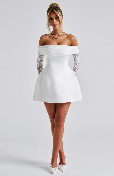 Mango Off - Shoulder Lace Dress – Women's Short Lace Sleeve Flared Mini Dress - Monsta Online