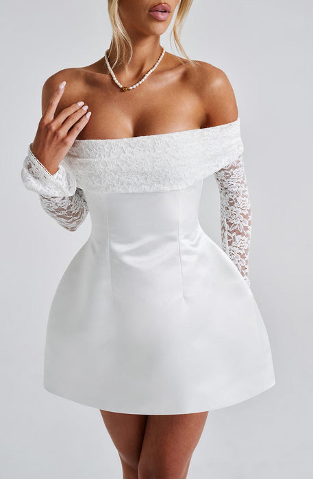 Mango Off - Shoulder Lace Dress – Women's Short Lace Sleeve Flared Mini Dress - Monsta Online