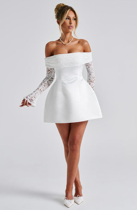 Mango Off - Shoulder Lace Dress – Women's Short Lace Sleeve Flared Mini Dress - Monsta Online