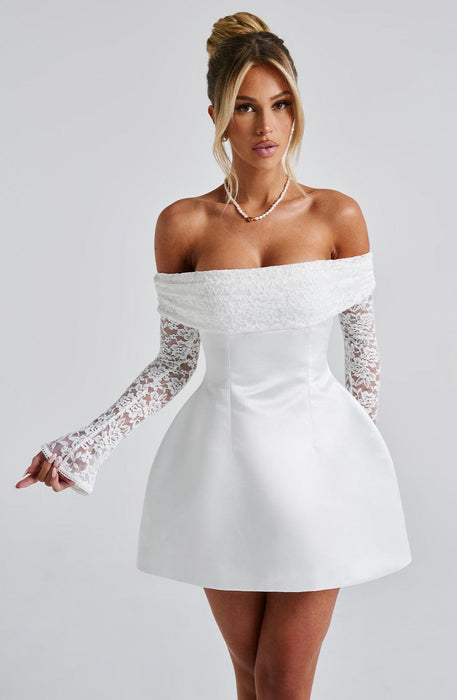 Mango Off - Shoulder Lace Dress – Women's Short Lace Sleeve Flared Mini Dress - Monsta Online