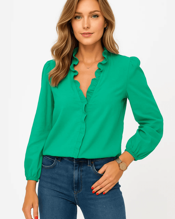 Miran Ruffle Blouse – Women's Long Sleeve V - Neck Ruffled Blouse - Monsta Online