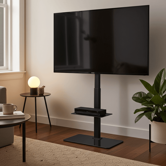 Modern Floor TV Stand with Mount 32–65 Inch with Adjustable Viewing Angle and Glass Base - Monsta Online
