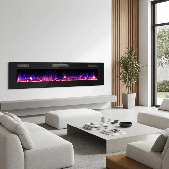 68 Inch Ultra - Thin Wall Mounted Electric Fireplace Insert with Remote, Crystals and Logs - Monsta Online