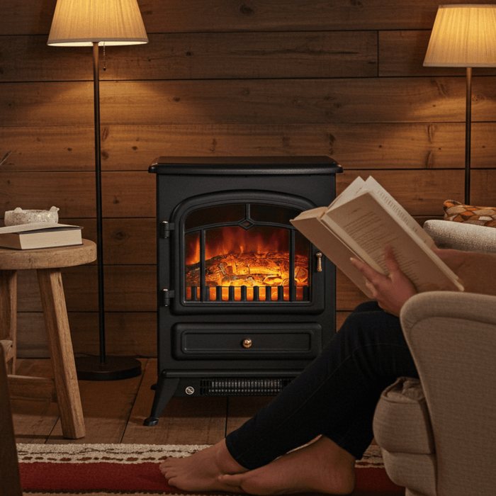 22 Inch Freestanding Electric Fireplace Heater with Realistic Flame in Black - Monsta Online