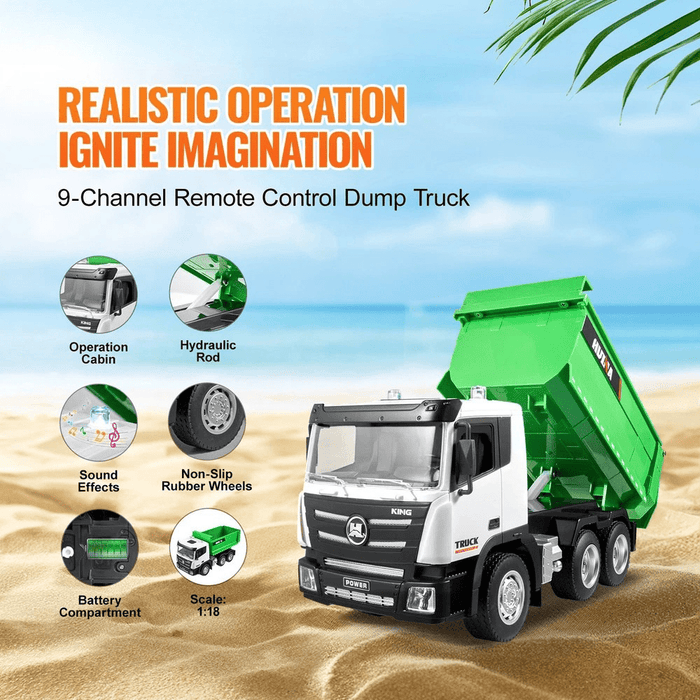 1:18 Scale RC Dump Truck Toy – 9CH Remote Control Construction Vehicle with Dual Batteries - Monsta Online