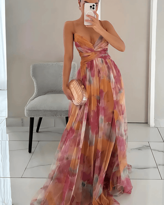 Rosina Floral Maxi Dress – Women's Elegant Spaghetti Strap Chiffon Dress - Monsta Online