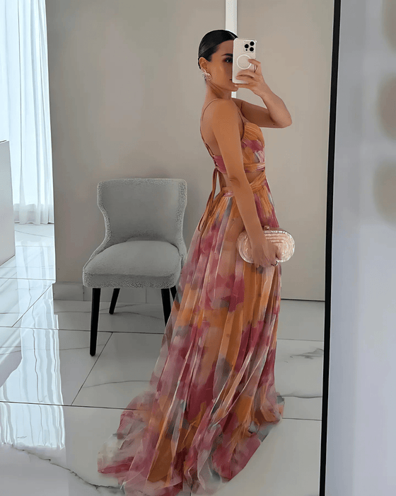 Rosina Floral Maxi Dress – Women's Elegant Spaghetti Strap Chiffon Dress - Monsta Online