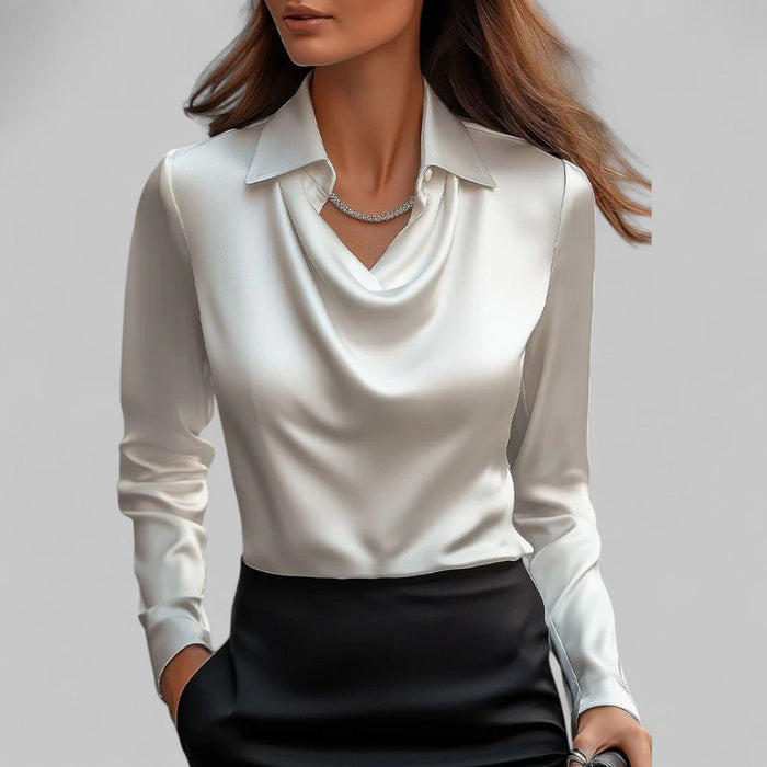 Rosita Satin Blouse – Women's Draped Neck Long Sleeve Silky Blouse - Monsta Online